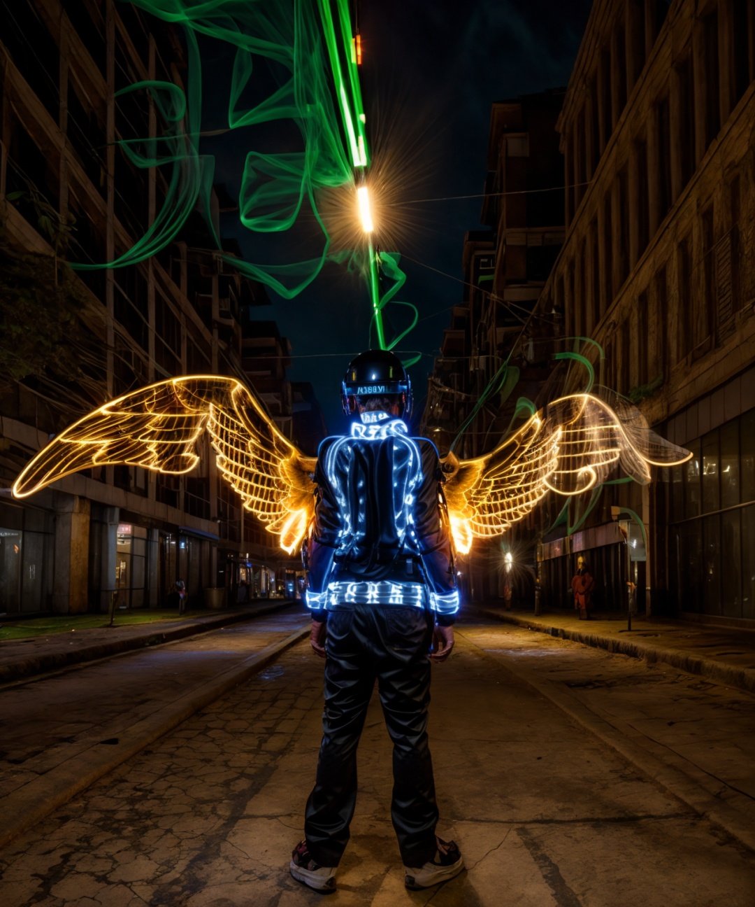 best quality, masterpiece, highres, light painting, cool, street, standing, back to viewer, mecha wings, green light,  <lora:光绘摄影beta2:0.9>