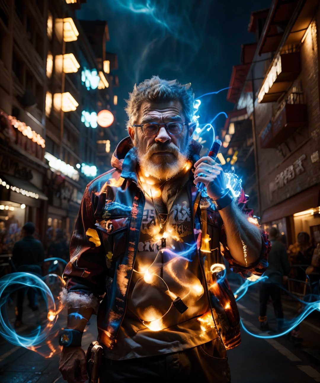 best quality, masterpiece, highres, light painting, strong man, outdoors, holding magic stick, upper body, cool, <lora:光绘摄影beta2:0.9>