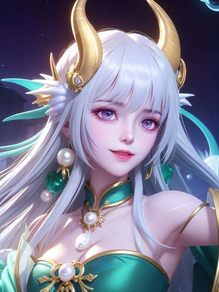 <lora:WZRYxishiYLQY_20230802135330:0.7>,1girl,mature female, night,cityscape, looking at viewer,white hair, hair ornament,purple eyes,transparent green blue dragon horns, shell,pearl,gold chain, jewelry,blush,