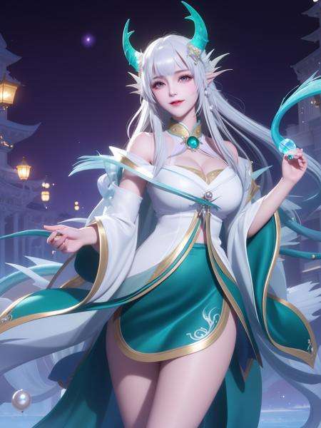 <lora:WZRYxishiYLQY_20230802135330:0.75>,1girl,mature female, night,cityscape, looking at viewer,white hair, hair ornament,purple eyes,transparent green blue dragon horns, shell,pearl,jewelry,blush,cowboy shot, capelet, skirt,trim,