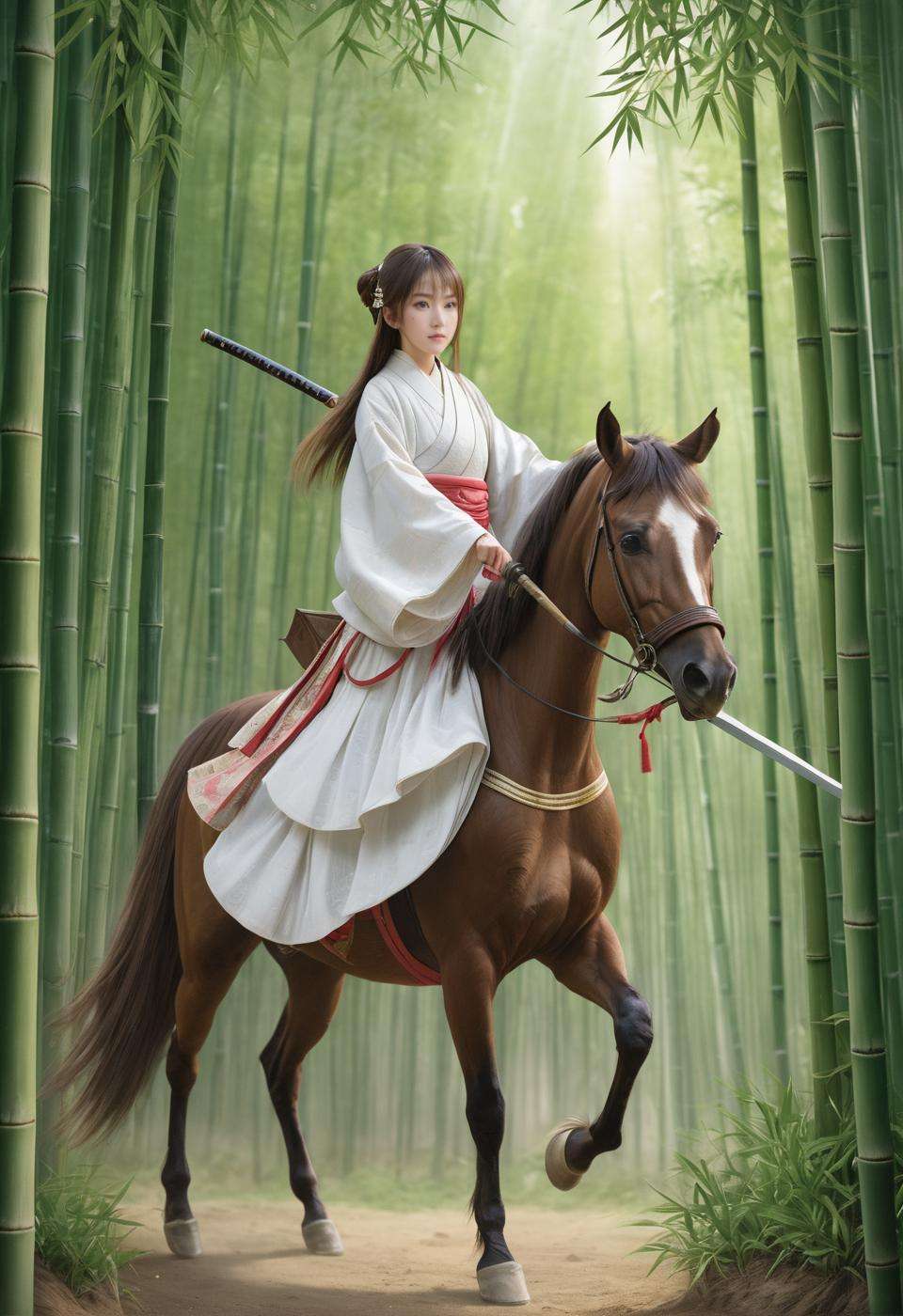 Masterpiece,best quality,(Highest picture quality),(Master's work),(ultra-detailed),{top quality},1girl,dress,Bamboo forest,horse,sword,battle,yaguru magiku,