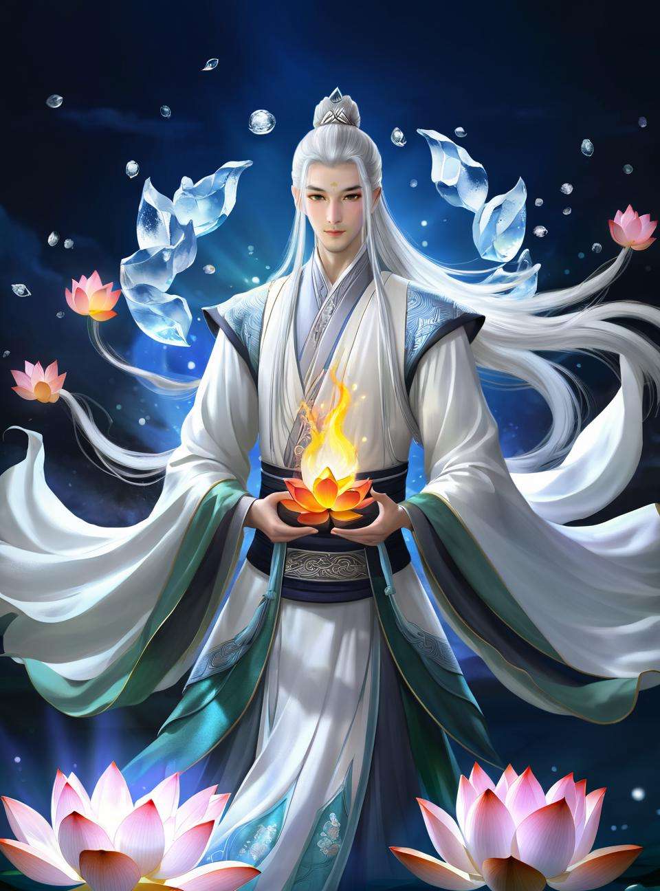 (best quality),(photo-realistic:1),realistic skin texture,bokeh,face focus,looking at viewer,from below,1man,male,long hair,white hair,full_body,slim body,upper body,Song Dynasty,gorgeous,Chinese hanfu,long sleeve,(floating Lotus:1.5),((((Lotus, Ice and Fire Lotus, Glowing Lotus))))