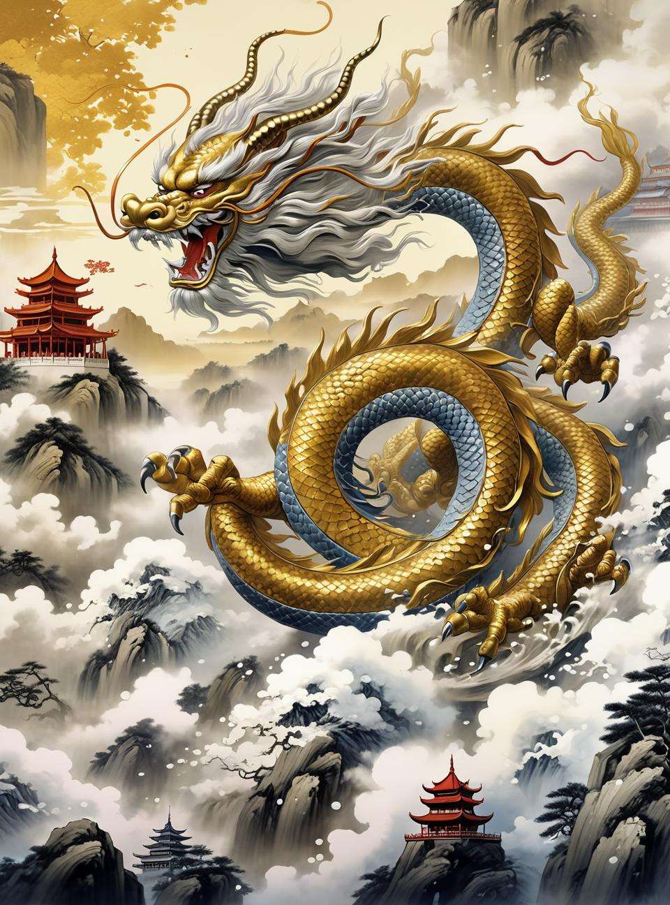 ((masterpiece)),((best quality)),((official art)),(extremely detailed CG unity 8k wallpaper),((highly detailed)),((illustration)),traditional chinese painting,((Chinese wind)),Golden Dragon,