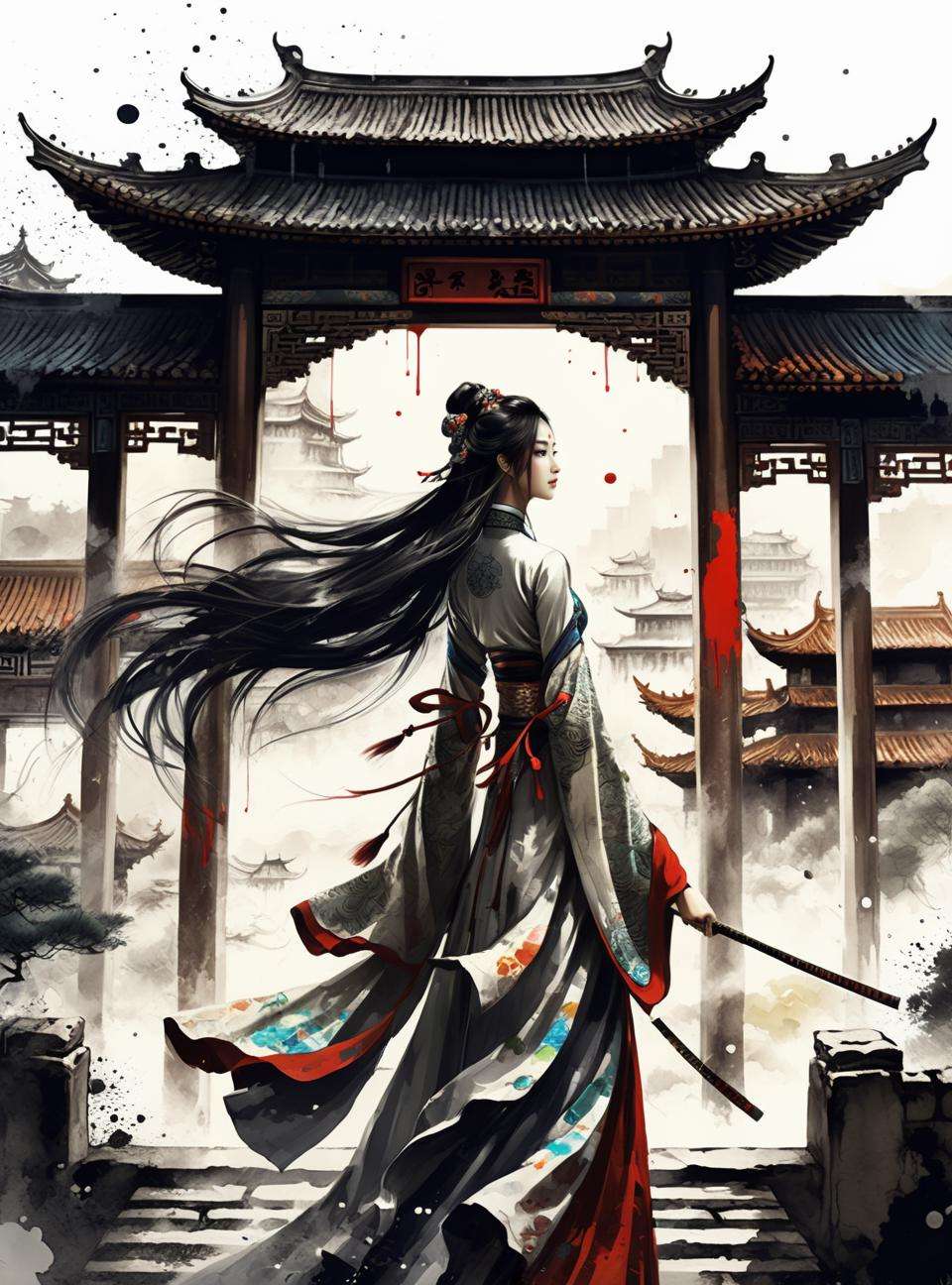 dramatic angle,(fluttered detailed ink splashs), (illustration),(((1 girl))),(long hair),(rain:0.6),(expressionless ,hair ornament:1.4),there is an ancient palace beside the girl,chinese clothes,(focus on), color Ink wash painting,(ink splashing),color splashing,((colorful)),[sketch], Masterpiece,best quality, beautifully painted,highly detailed,(denoising:0.7),[splash ink],yin yang