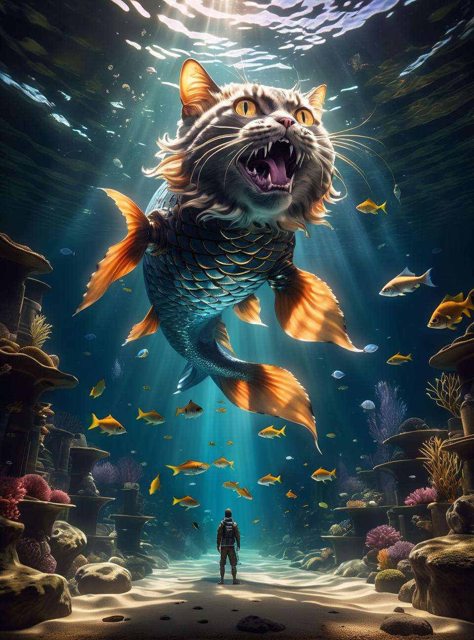 ultra wide angle, in focus, epic background, gorgeous lifelike, moody, dynamic pose of a fish, cat, the full and whole body, full length shot, hyper details, lighting art, cinematic, insane details, intricate details, hyperdetailed