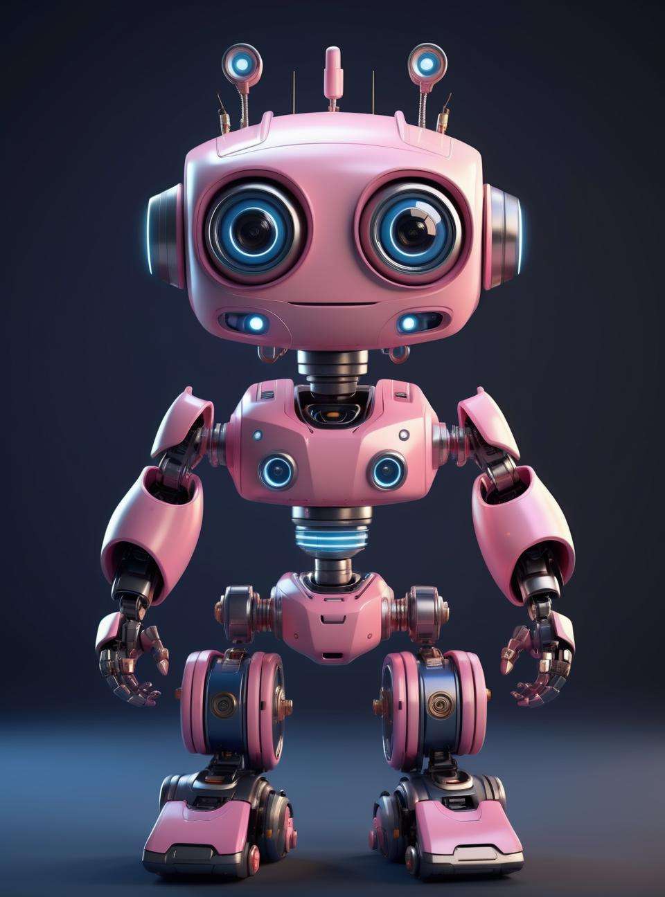 Cartoon robot character image, in the style of unreal engine 5, light pink and dark blue, konica big mini, oshare kei, frostpunk, seapunk, charming characters