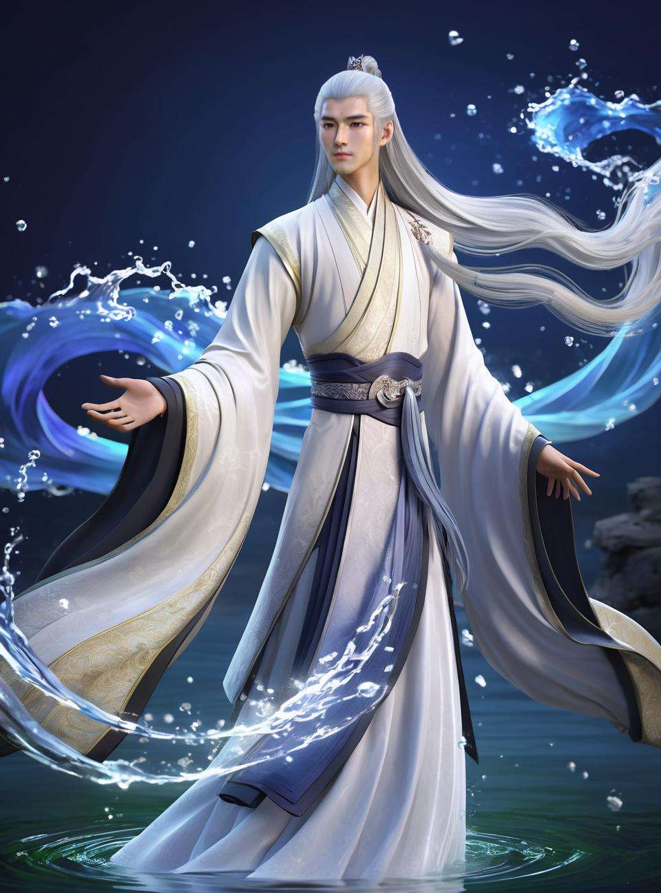 (best quality), (photo-realistic:1),realistic skin texture,bokeh,face focus ,looking at viewer,from below, 1man, male,long hair,white hair,full_body,slim body,upper body,Song Dynasty,gorgeous,Chinese hanfu,long sleeve, (floating water:1.5), ((((water wave magic,casting spell)))),