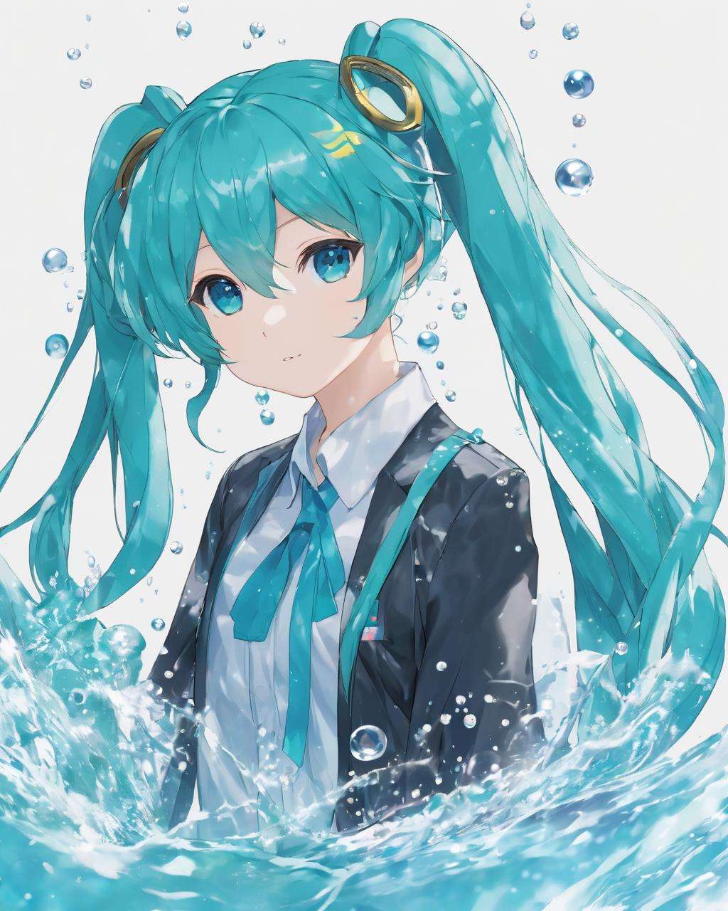 watermiku, A Hatsune Miku wearing a water-like suit surrounded by a lot of water, 1girl, solo, hatsune miku, looking at viewer, bangs, shirt, twintails, very long hair, water, aqua eyes, floating hair, bubble, liquid hair, white background, simple background<lora:watermikuV5_SDXL_lora-000002:0.8>