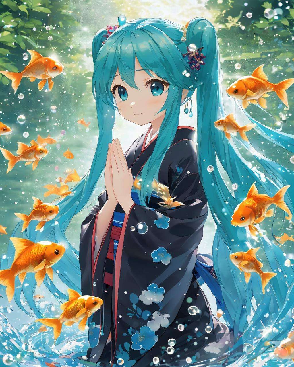 watermiku, hatsune Miku in a yukata, making fists and praying, surrounded by goldfish and water droplets, 1girl, solo, hatsune miku, water, hair ornament, long sleeves, twintails, jewelry, very long hair, upper body, earrings, japanese clothes, wide sleeves, from side, floating hair, own hands together, bubble, yukata, blue yukata, black border, goldfish, white background, simple background, profile<lora:watermikuV5_SDXL_lora-000002:0.65>