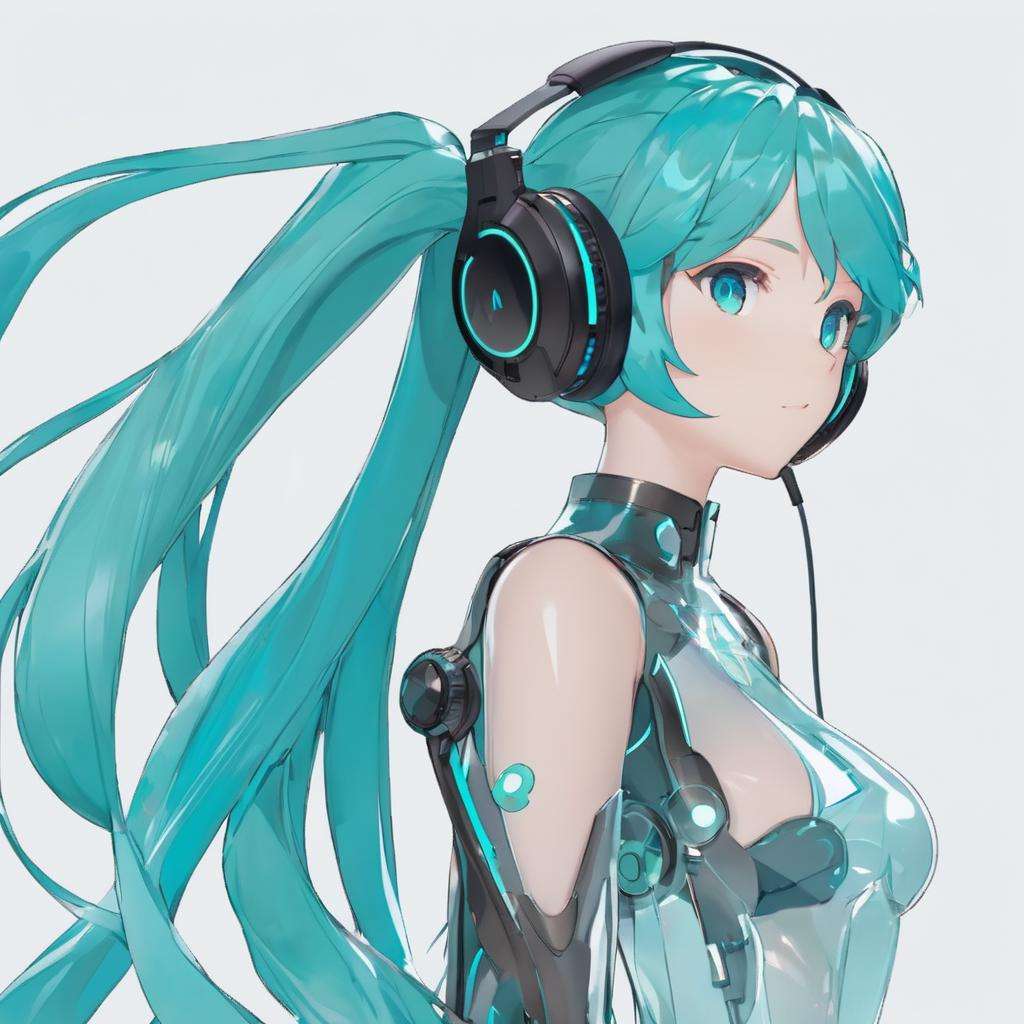 watermiku, A Hatsune Miku wearing a transparent coat, you can see her mechanical body structure, wearing mechanical headphones, full of futuristic sense of technology, 1girl, solo, hatsune miku, looking at viewer, simple background, white background, twintails, very long hair, earphones, from behind, aqua eyes, see-through bodysuit, aqua hair, mechanical arms<lora:watermikuV5_SDXL_lora-000002:1.0>