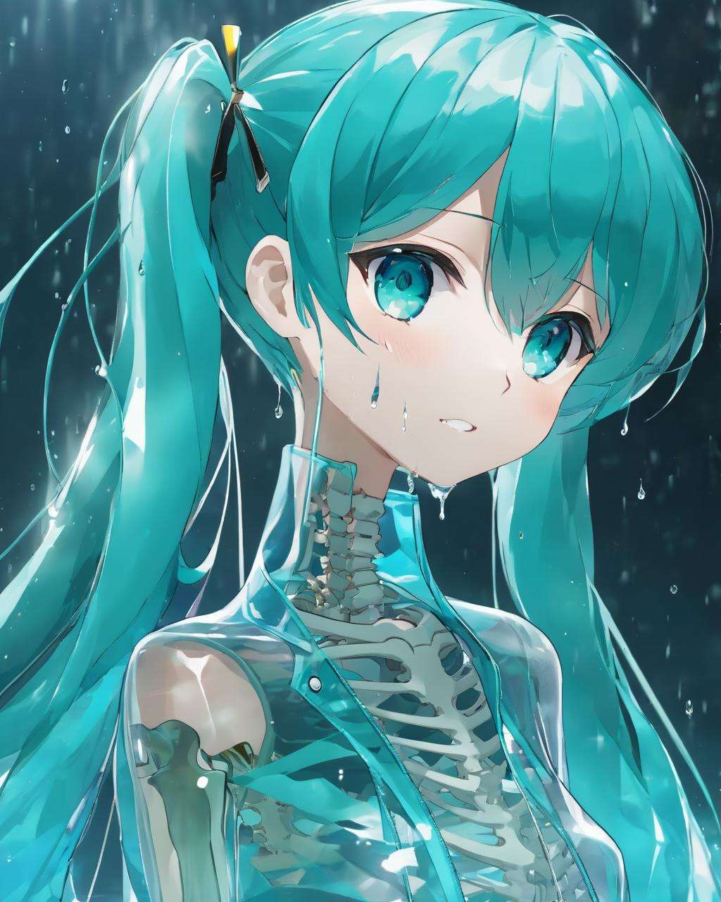 watermiku, 1girl, a half-length photo of Hatsune Miku's side face with a transparent body, and her skeleton can be seen, solo, hatsune miku, jacket, water, upper body, tears, from side, see-through body, transparent body, crying, x-ray, skeleton, spine, <lora:watermikuV5_SDXL_lora:0.55>