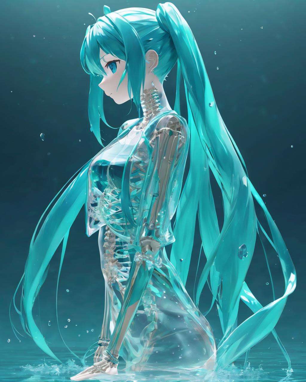 watermiku, 1girl, a half-length photo of Hatsune Miku's side face with a transparent body, and her skeleton can be seen, solo, hatsune miku, jacket, water, upper body, tears, from side, see-through body, transparent body, crying, x-ray, skeleton, spine, <lora:watermikuV5_SDXL_lora:0.7>