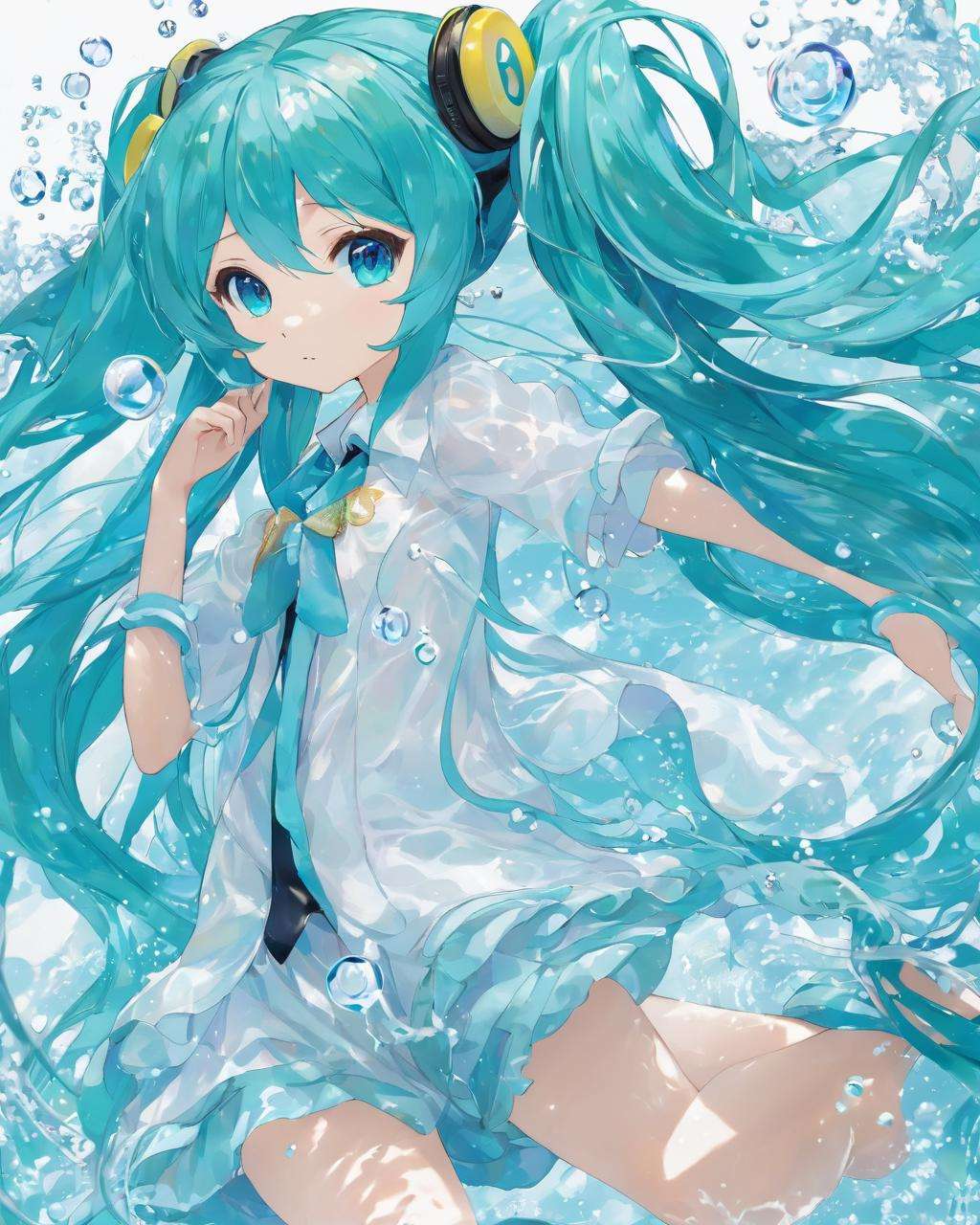 watermiku, A Hatsune Miku wearing a water-like suit surrounded by a lot of water, 1girl, solo, hatsune miku, looking at viewer, bangs, shirt, twintails, very long hair, water, aqua eyes, floating hair, bubble, liquid hair, white background, simple background<lora:watermikuV5_SDXL_lora-000002:0.8>