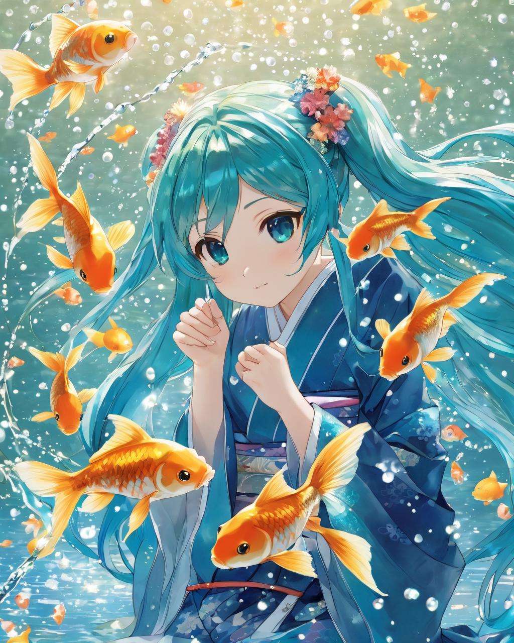 watermiku, hatsune Miku in a yukata, making fists and praying, surrounded by goldfish and water droplets, 1girl, solo, hatsune miku, water, hair ornament, long sleeves, twintails, jewelry, very long hair, upper body, earrings, japanese clothes, wide sleeves, from side, floating hair, own hands together, bubble, yukata, blue yukata, black border, goldfish, white background, simple background, profile<lora:watermikuV5_SDXL_lora-000002:0.65>