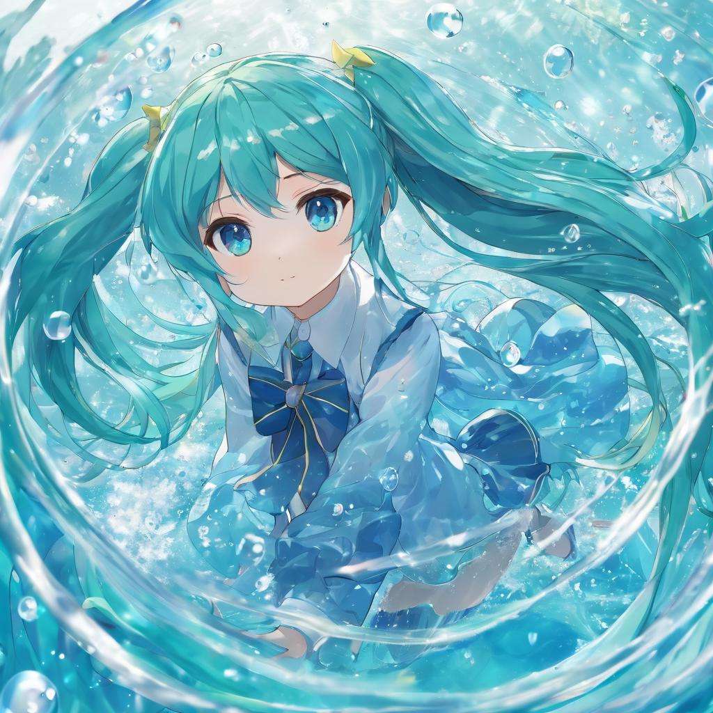 watermiku, A Hatsune Miku wearing a water-like suit surrounded by a lot of water, 1girl, solo, hatsune miku, looking at viewer, bangs, shirt, twintails, very long hair, water, aqua eyes, floating hair, bubble, liquid hair, white background, simple background<lora:watermikuV5_SDXL_lora-000002:0.8>