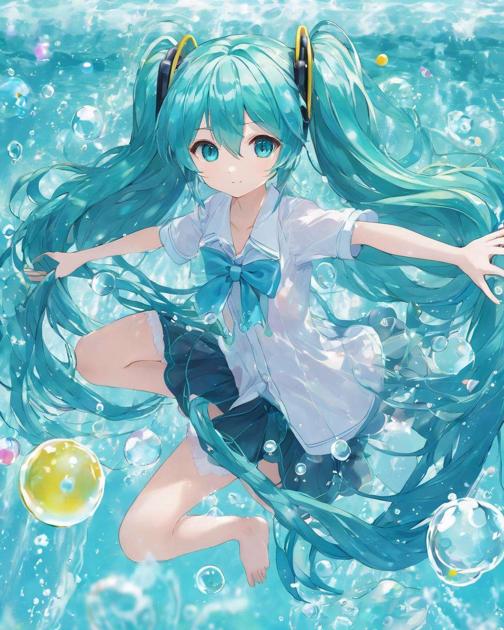 watermiku, A Hatsune Miku wearing a water-like suit surrounded by a lot of water, 1girl, solo, hatsune miku, looking at viewer, bangs, shirt, twintails, very long hair, water, aqua eyes, floating hair, bubble, liquid hair, white background, simple background<lora:watermikuV5_SDXL_lora-000002:0.8>