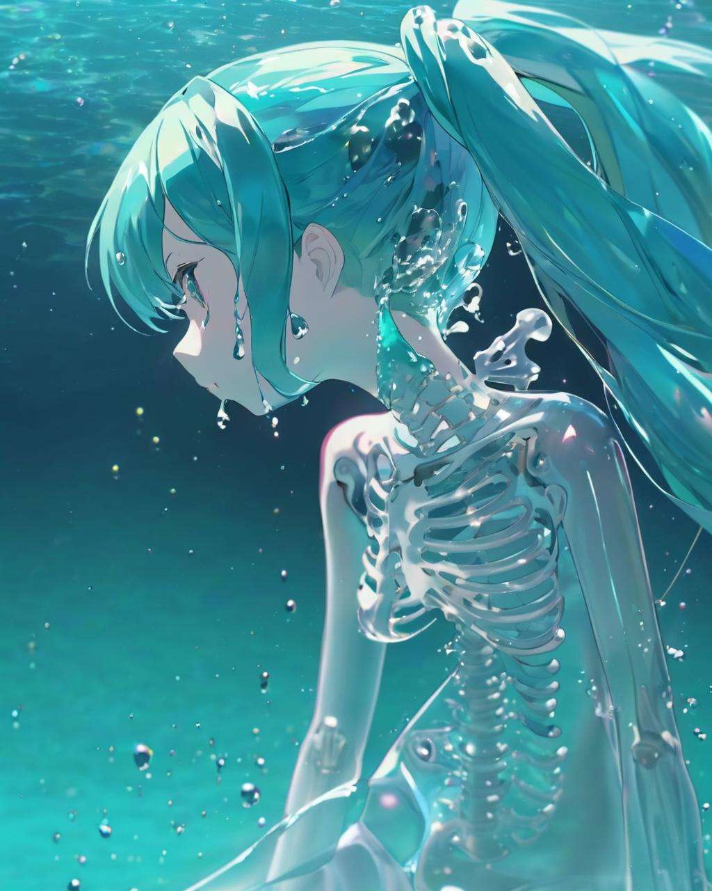 ~*~aesthetic~*~,watermiku, a photo of Hatsune Miku's side face with a transparent body and all her skeleton can be seen,full body,1girl, solo, hair made of water, tears, from side, see-through body, transparent body, crying, x-ray, skeleton, spine,ocean, <lora:watermikuV9_SDXL_lora:0.8>