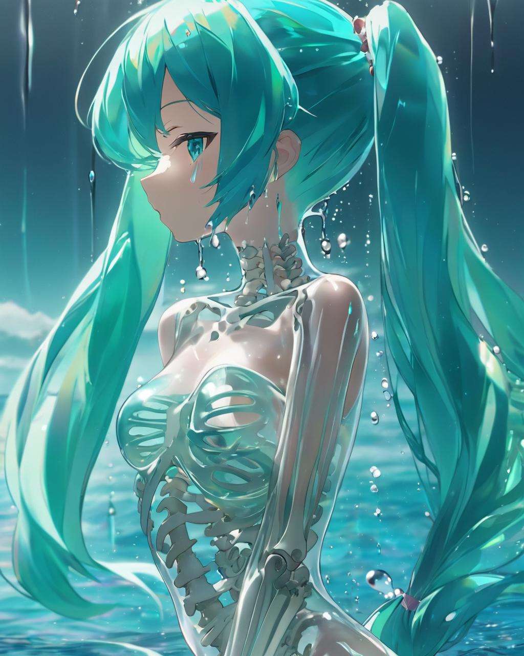 ~*~aesthetic~*~,watermiku, a photo of Hatsune Miku's side face with a transparent body and all her skeleton can be seen,full body,1girl, solo, hair made of water, tears, from side, see-through body, transparent body, crying, x-ray, skeleton, spine,ocean, <lora:watermikuV9_SDXL_lora:0.8>