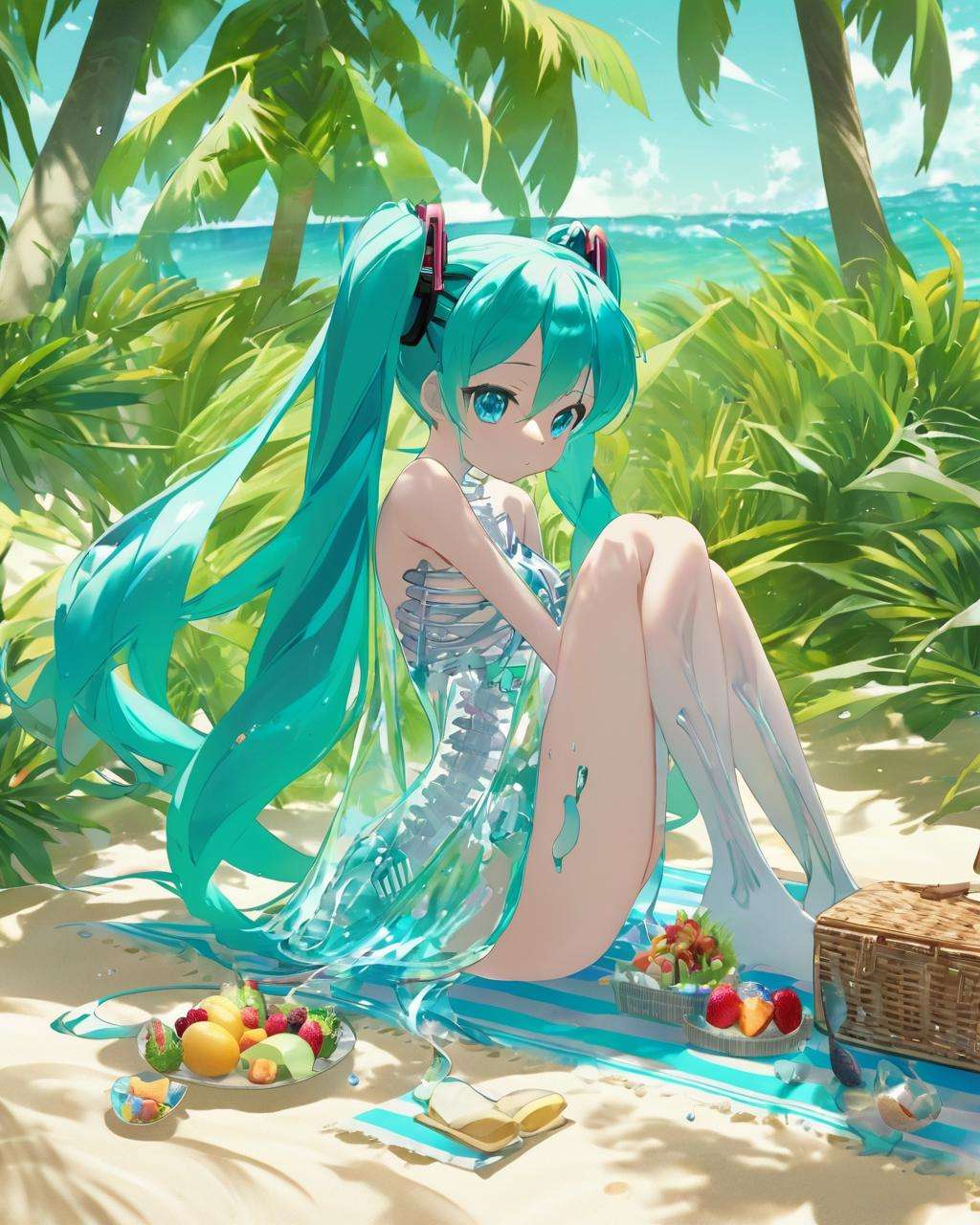 watermiku, a photo of Hatsune Miku's side face with a transparent body and all her skeleton can be seen,full body,1girl, solo, hair made of water, tears, from side, see-through body, transparent body, crying, x-ray, skeleton, spine,between legs,deserted island, tropical, (picnic:1.2), palm trees, white sand, turquoise water, relaxation, seclusion,hatsune miku,  Miku <lora:watermikuV9_SDXL_lora-000008:0.8>