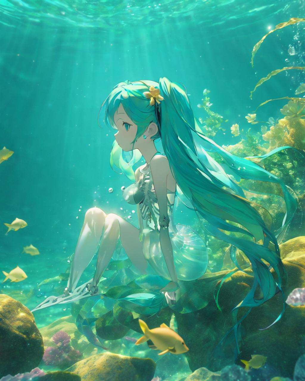 ~*~aesthetic~*~,watermiku, a photo of Hatsune Miku's side face with a transparent body and all her skeleton can be seen,full body,1girl, solo, hair made of water, tears, from side, see-through body, transparent body, crying, x-ray, skeleton, spine,tachi-e,rocky cove, hidden, mermaid, (mystical:1.2), underwater, seaweed, sea creatures, sunken treasure,<lora:watermikuV9_SDXL_lora:0.8>