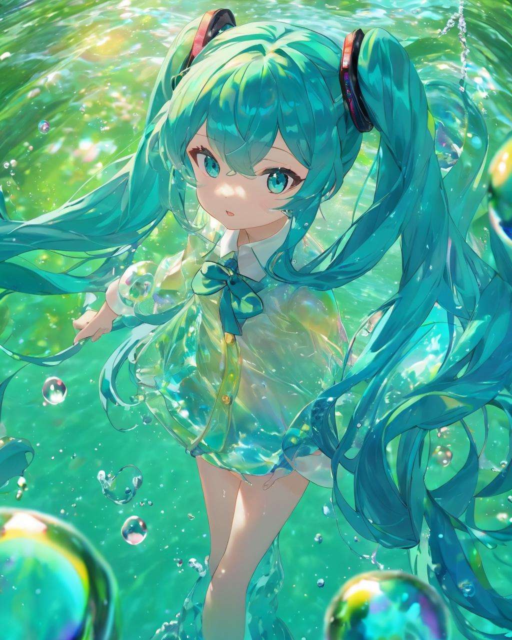 watermiku, A Hatsune Miku wearing a water-like suit surrounded by a lot of water, 1girl, solo, hair made of water, hatsune miku, looking at viewer, bangs, shirt, twintails, very long hair, water, aqua eyes, floating hair, bubble, liquid hair,hatsune miku,  <lora:watermikuV9_SDXL_lora-000008:0.8>