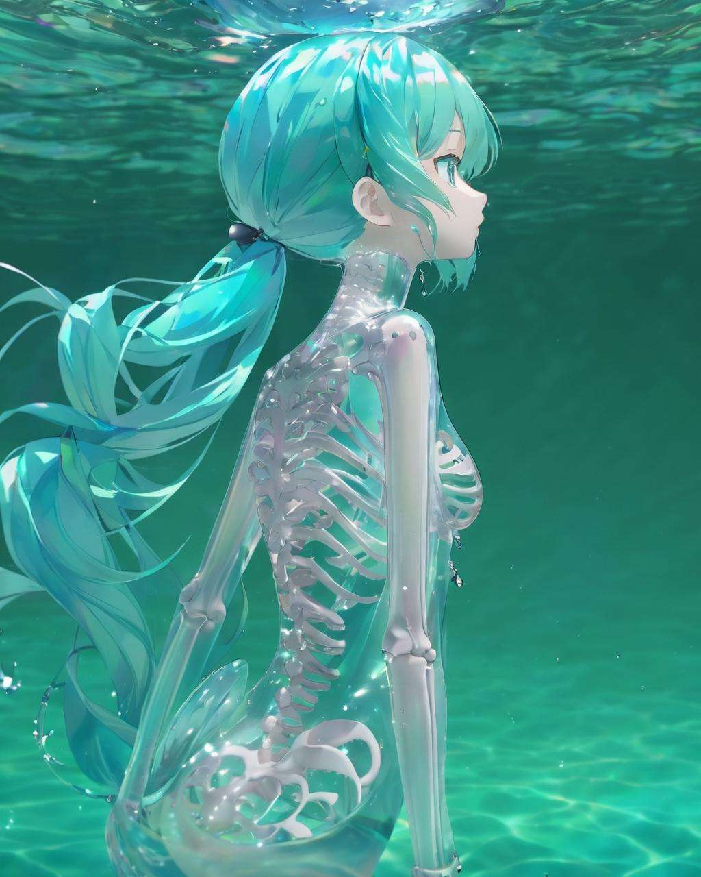 watermiku, a photo of Hatsune Miku's side face with a transparent body and( all her skeleton can be seen:1.3),full body,1girl, solo, hair made of water, tears, from side, see-through body, transparent body, crying, x-ray, skeleton, spine,ocean, <lora:watermikuV9_SDXL_lora-000008:0.8>