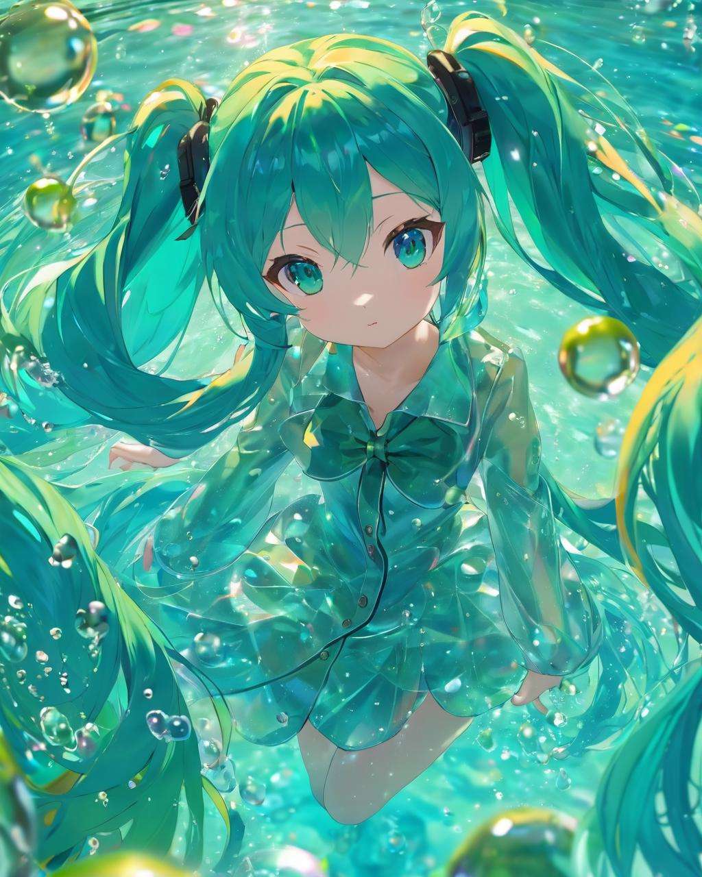 watermiku, A Hatsune Miku wearing a water-like suit surrounded by a lot of water, 1girl, solo, hair made of water, hatsune miku, looking at viewer, bangs, shirt, twintails, very long hair, water, aqua eyes, floating hair, bubble, liquid hair,hatsune miku,  <lora:watermikuV9_SDXL_lora-000008:0.8>