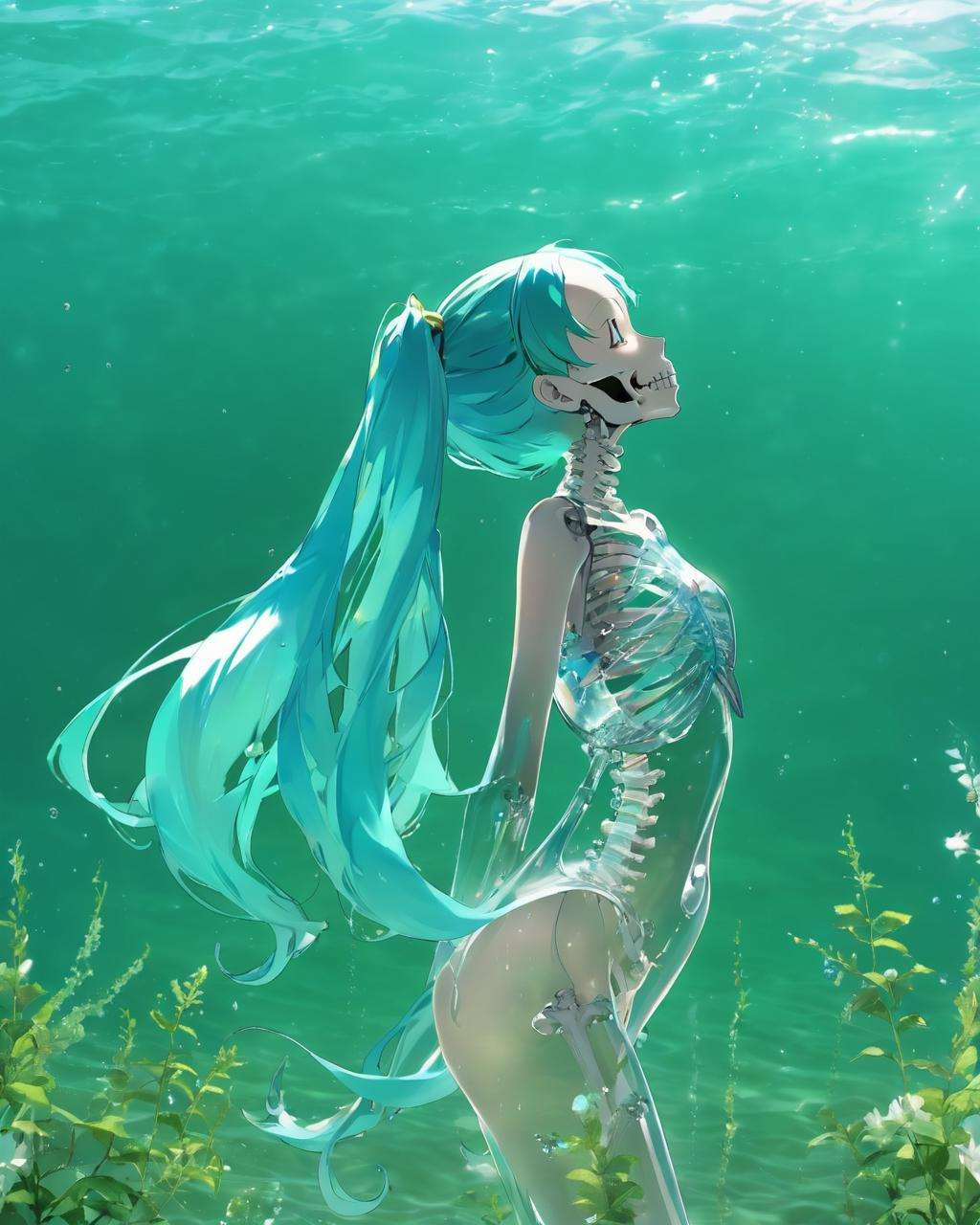 watermiku, a photo of Hatsune Miku's side face with a transparent body and( all her skeleton can be seen:1.3),full body,1girl, solo, hair made of water, tears, from side, see-through body, transparent body, crying, x-ray, skeleton, spine,ocean, <lora:watermikuV9_SDXL_lora-000008:0.8>