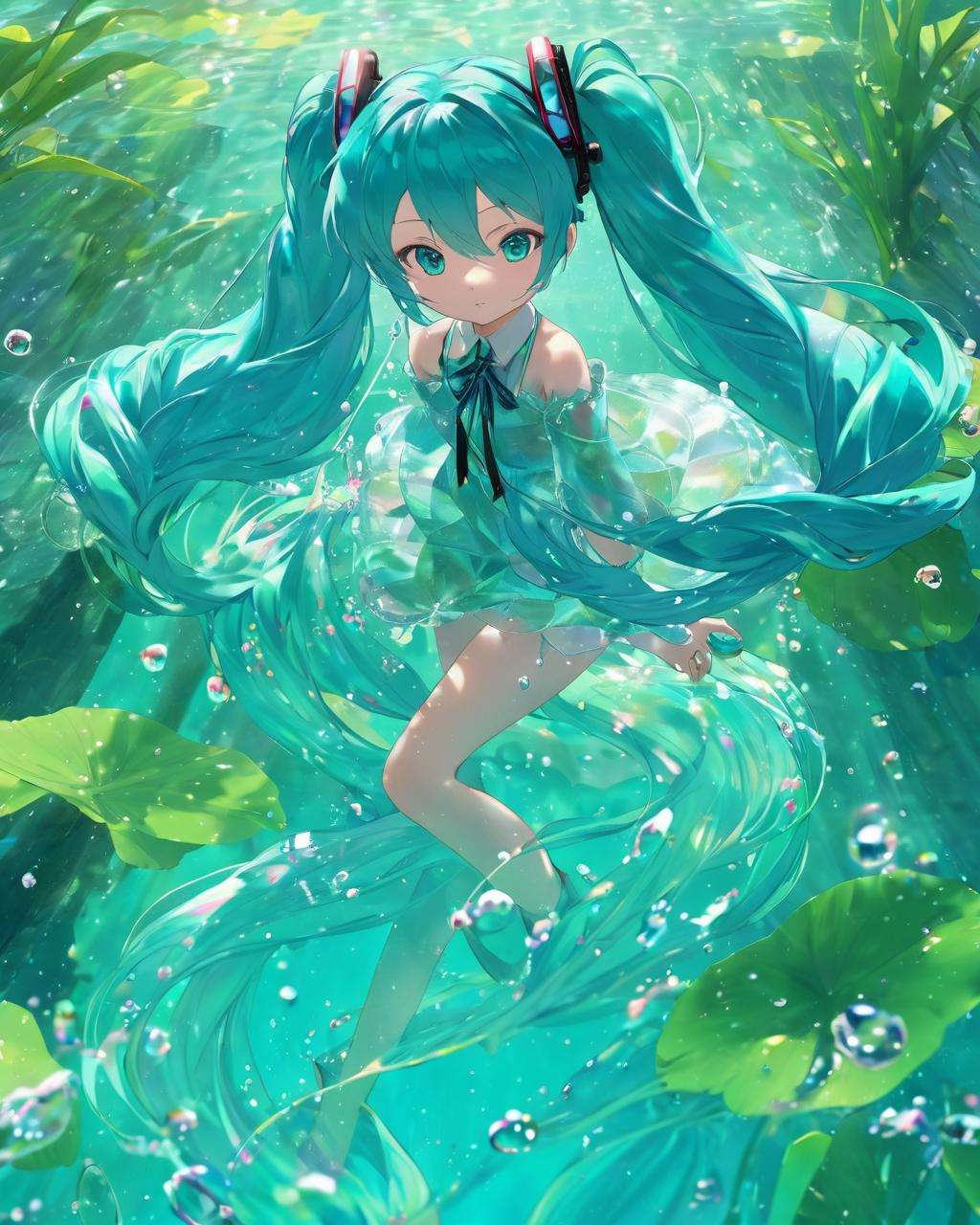 watermiku, A Hatsune Miku wearing a water-like suit surrounded by a lot of water, 1girl, solo, hair made of water, hatsune miku, looking at viewer, bangs, shirt, twintails, very long hair, water, aqua eyes, floating hair, bubble, liquid hair,hatsune miku,  <lora:watermikuV9_SDXL_lora-000008:0.8>