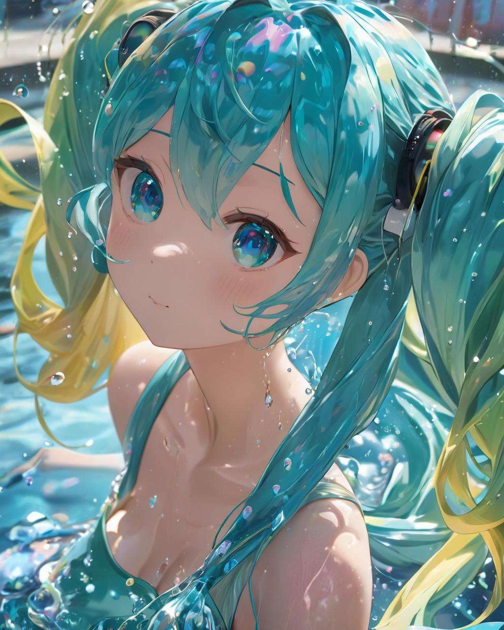 ~*~aesthetic~*~,watermiku, A Hatsune Miku whose body is made of water, romanticized realism, surrounded by a lot of water, cartooncore, 1girl, solo, hatsune miku, hair made of water, breasts, bangs, twintails, medium breasts, upper body, water, from side, aqua eyes, water drop, liquid hair,body edge light,colorful street art mural, (graffiti:1.2), urban, creative, vibrant, spray paint, lively, bold,Close-up,Canon EOS 5D Mark IV + 50mm f/1.4 lens,<lora:watermikuV11_SDXL_lora-000006:0.6>