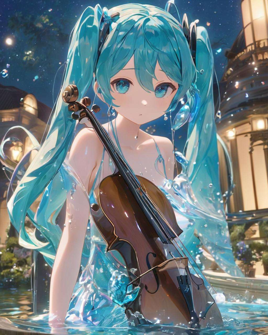 ~*~aesthetic~*~,watermiku, A Hatsune Miku whose body is made of water, romanticized realism, surrounded by a lot of water, cartooncore, 1girl, solo, hatsune miku, hair made of water, breasts, bangs, twintails, medium breasts, upper body, water, from side, aqua eyes, water drop, liquid hair,body edge light,classical concert, under the stars, (outdoor:1.2), string quartet, moonlit, enchanting, music,Close-up,Canon EOS 5D Mark IV + 50mm f/1.4 lens,<lora:watermikuV11_SDXL_lora-000006:0.6>