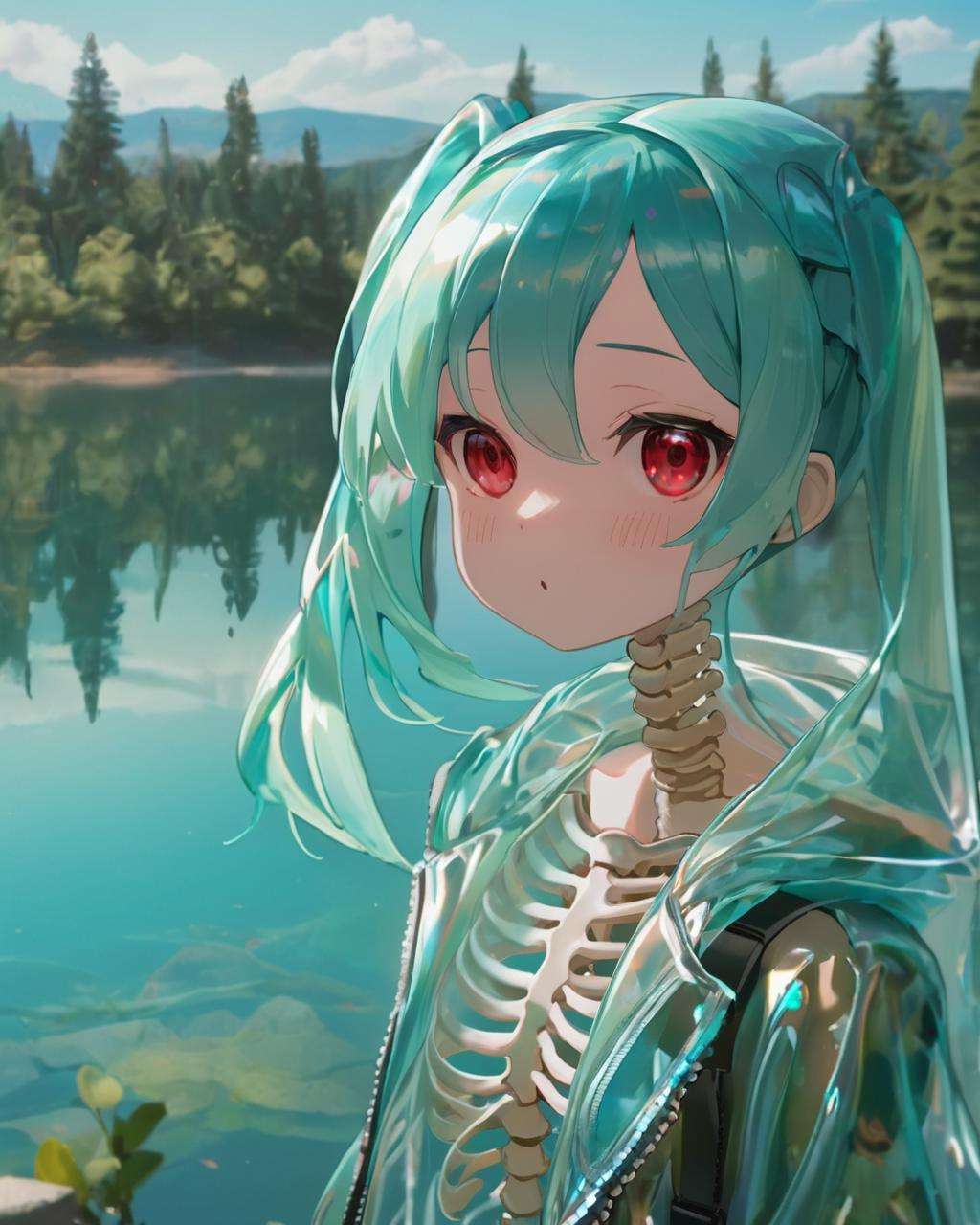 ~*~aesthetic~*~,watermiku, a skeletal Hatsune Miku can be seen in a transparent body with an expressionless face, romanticized realism, with a blurry lake behind, cartooncore, 1girl, solo, hatsune miku, bangs, red eyes, closed mouth, jacket, ponytail, outdoors, hood, blurry, see-through, aqua hair, profile, expressionless, transparent, ribs, skeleton, bone, spine, blurry background,fading border<lora:watermikuV11_SDXL_lora-000006:0.6>