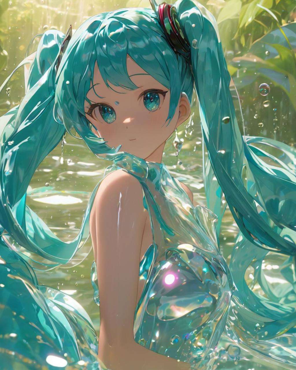 ~*~aesthetic~*~,watermiku, A Hatsune Miku whose body is made of water, romanticized realism, surrounded by a lot of water, cartooncore, 1girl, solo, hatsune miku, hair made of water, breasts, bangs, twintails, medium breasts, upper body, water, from side, aqua eyes, water drop, liquid hair,body edge light,beautiful ballet performance, (elegant:1.2), dancers, stage, fluid movement, grace, spotlight,Close-up,Canon EOS 5D Mark IV + 50mm f/1.4 lens,<lora:watermikuV11_SDXL_lora-000006:0.6>