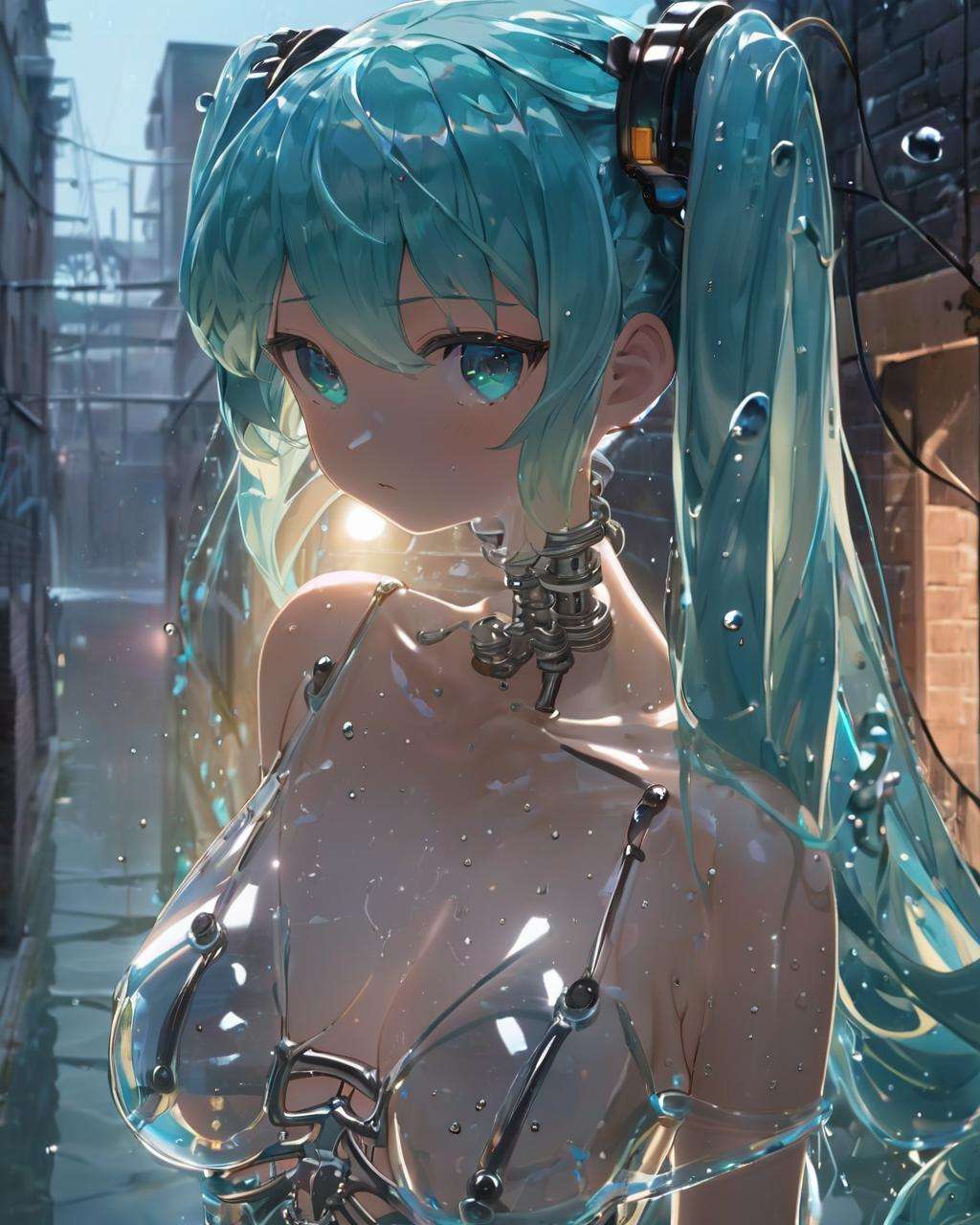 ~*~aesthetic~*~,watermiku, A Hatsune Miku with a transparent bodysuit and a steel skeleton, romanticized realism, surrounded by water droplets, cartooncore, 1girl, solo, hatsune miku, breasts, blush, bangs, see-through body, white background, twintails, very long hair, closed mouth, upper body, small breasts, grey background, water, from side, aqua hair, profile, liquid hairbody edge light,(back alley:1.5), bricks,(gangland,wall text graffiti:1.5),(messy town), gang, shutters,darksome,spooky,(dangerous atmosphere,badness,midnight,night, night road:1.5),fluorescent lamp,Close-up,Canon EOS 5D Mark IV + 50mm f/1.4 lens,<lora:watermikuV11_SDXL_lora-000006:0.6>