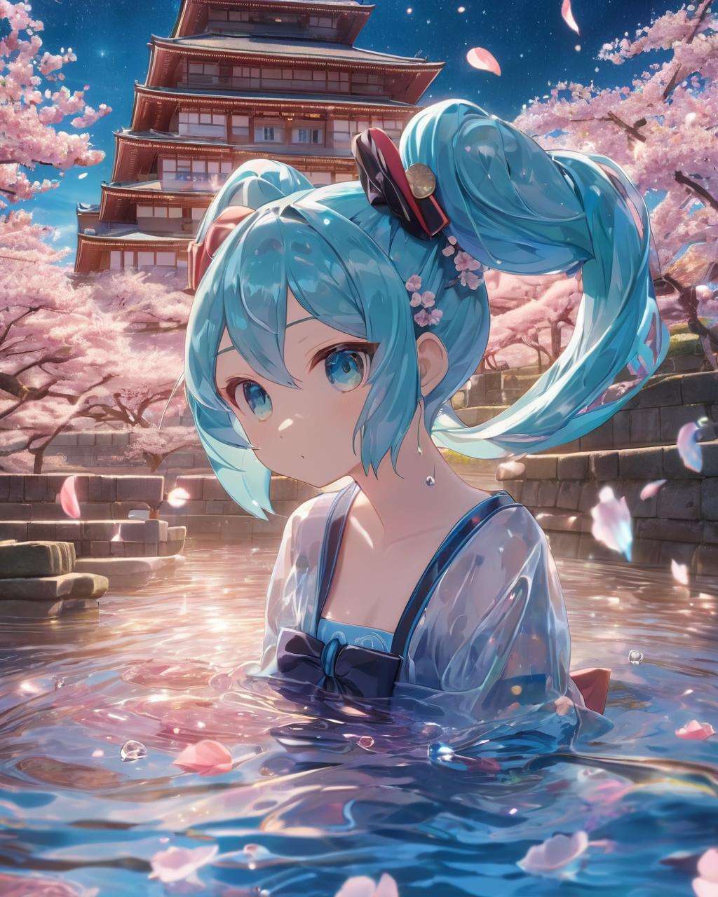 ~*~aesthetic~*~,watermiku, A Hatsune Miku whose body is made of water, romanticized realism, surrounded by a lot of water, cartooncore, 1girl, solo, hatsune miku, hair made of water, breasts, bangs, twintails, medium breasts, upper body, water, from side, aqua eyes, water drop, liquid hair,body edge light,(Japanese castle, cherry blossoms, banquet, night, starry sky:1.3),(full moon,Japanese castle lit up:1.2),(cherry blossom petals:1.4),Close-up,Canon EOS 5D Mark IV + 50mm f/1.4 lens,<lora:watermikuV11_SDXL_lora-000006:0.6>