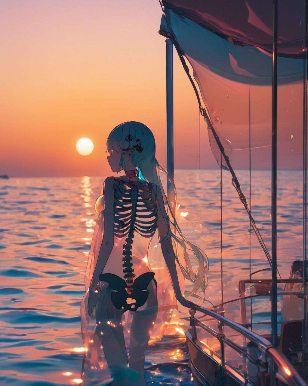 ~*~aesthetic~*~,watermiku, a photo of Hatsune Miku's side face with a transparent body and all her skeleton can be seen,full body,1girl, solo, hair made of water, tears, from side, see-through body, transparent body, crying, x-ray, skeleton, spine,afterimage,(romantic sunset cruise:1.3), (warm colors:1.2), sailboat, ocean, silhouette, horizon, tranquility, togetherness,full body,Sony A7 III + 35mm f/1.4 lens,bust chart,<lora:watermikuV11_SDXL_lora-000006:0.6>