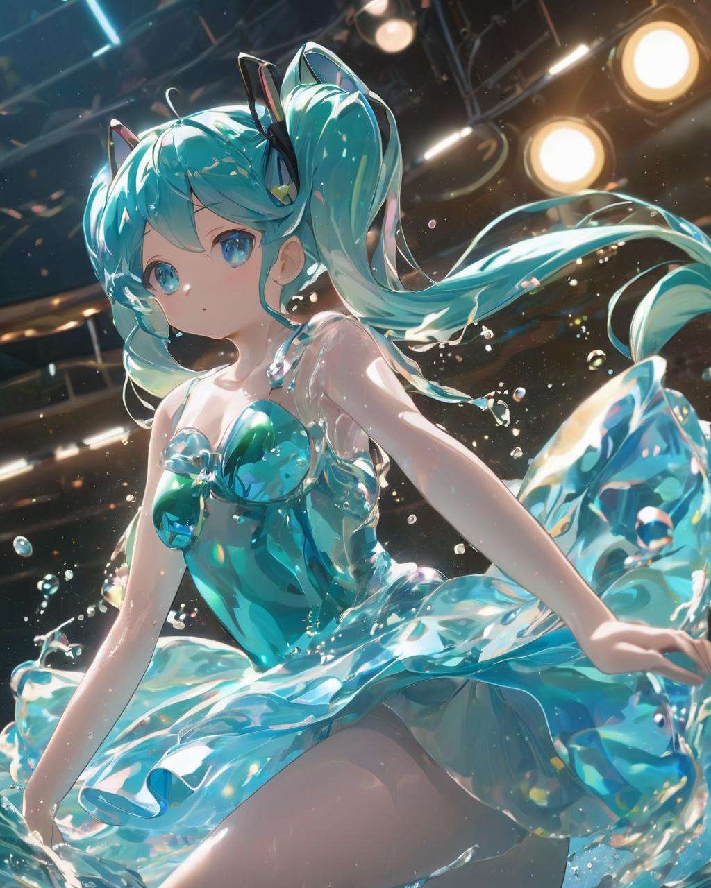 ~*~aesthetic~*~,watermiku, A Hatsune Miku whose body is made of water, romanticized realism, surrounded by a lot of water, cartooncore, 1girl, solo, hatsune miku, hair made of water, breasts, bangs, twintails, medium breasts, upper body, water, from side, aqua eyes, water drop, liquid hair,body edge light,beautiful ballet performance, (elegant:1.2), dancers, stage, fluid movement, grace, spotlight,medium shot,Sony A7 III + 35mm f/1.4 lens,<lora:watermikuV11_SDXL_lora-000006:0.6>