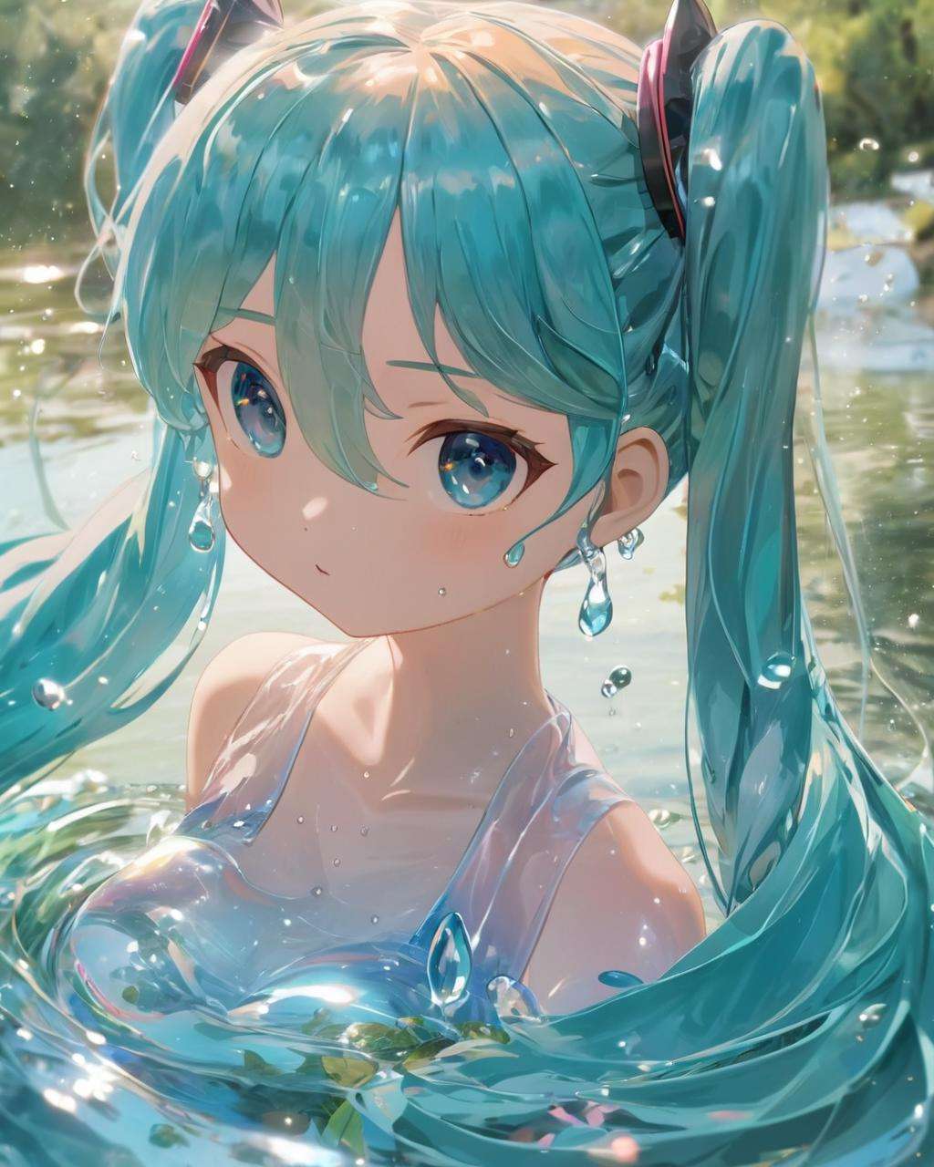 ~*~aesthetic~*~,watermiku, A Hatsune Miku whose body is made of water, romanticized realism, surrounded by a lot of water, cartooncore, 1girl, solo, hatsune miku, hair made of water, breasts, bangs, twintails, medium breasts, upper body, water, from side, aqua eyes, water drop, liquid hair,body edge light,dreamy watercolor landscape, (soft colors:1.2), blending, brush strokes, ethereal, nature, peaceful,Close-up,Canon EOS 5D Mark IV + 50mm f/1.4 lens,<lora:watermikuV11_SDXL_lora-000006:0.6>