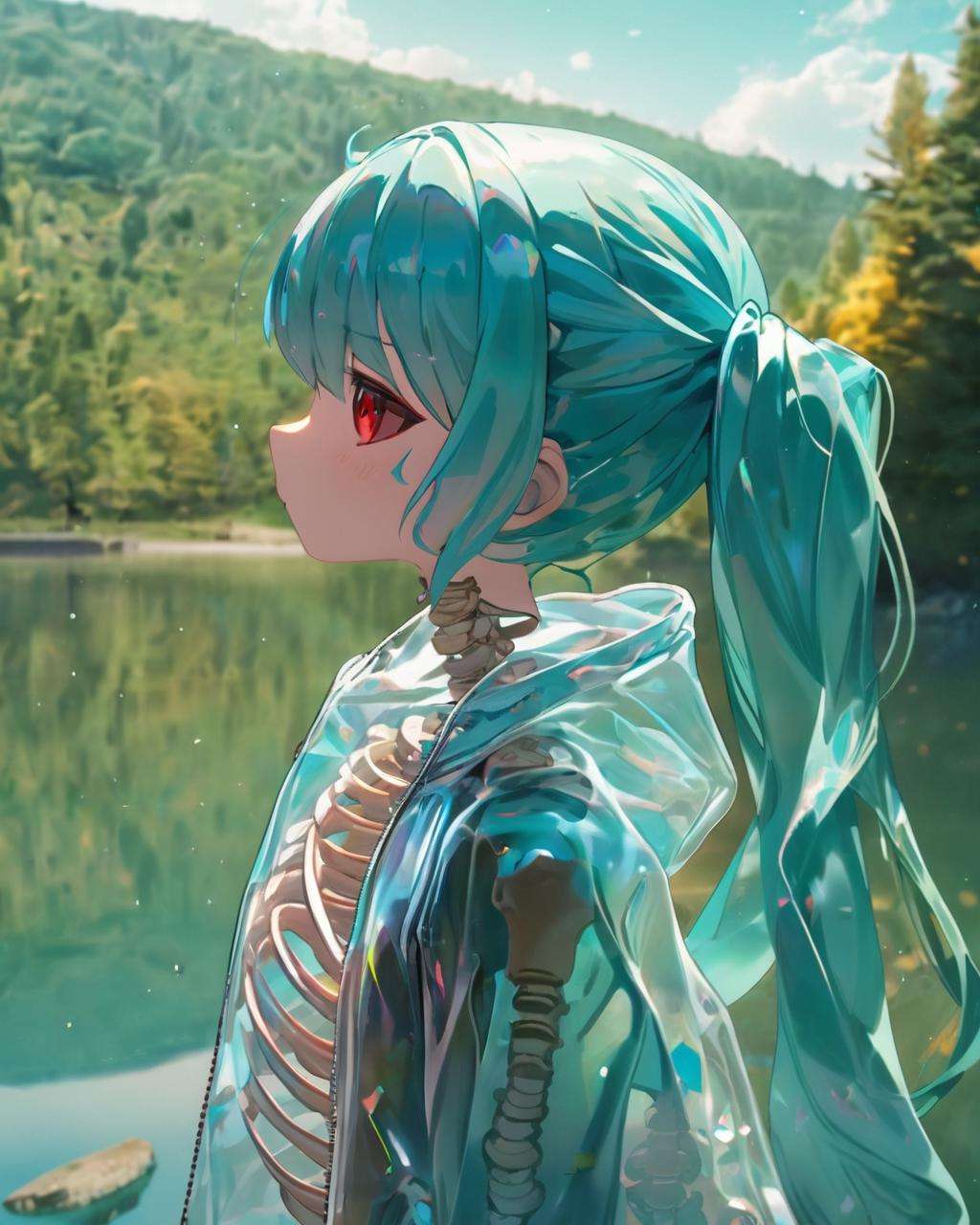 ~*~aesthetic~*~,watermiku, a skeletal Hatsune Miku can be seen in a transparent body with an expressionless face, romanticized realism, with a blurry lake behind, cartooncore, 1girl, solo, hatsune miku, bangs, red eyes, closed mouth, jacket, ponytail, outdoors, hood, blurry, see-through, aqua hair, profile, expressionless, transparent, ribs, skeleton, bone, spine, blurry background,full body,Sony A7 III + 35mm f/1.4 lens,mosaic art,<lora:watermikuV11_SDXL_lora-000006:0.6>