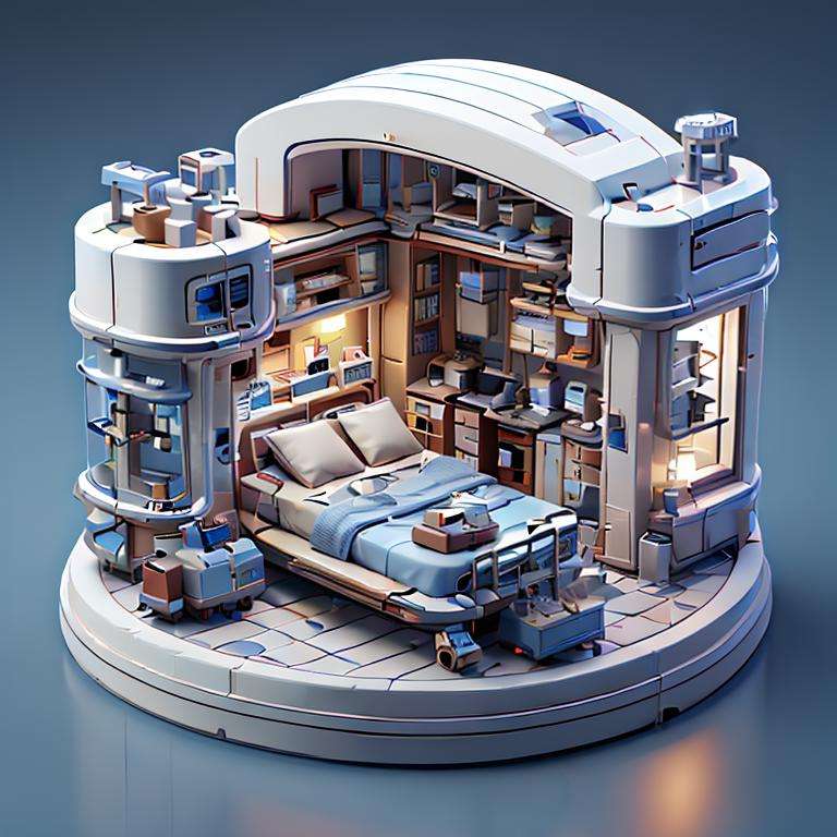 best quality,(masterpiece:1.1),hospital,isometric view,high resolution,<lora:isometric view6:0.7>,detailed details,simple background,round light emitting base,night,