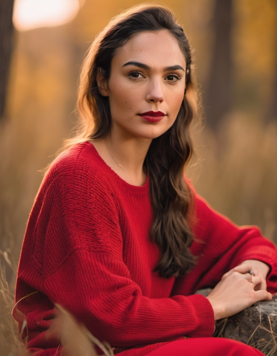 professional portrait photography of the face of a beautiful  ((ohwx woman)) in red crop top sweater at trail during Sunset, Nikon Z9