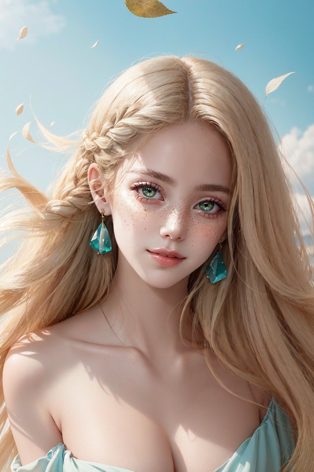 1girl, breasts, rating:safe, petals, cleavage, solo, confetti, long_hair, blonde_hair, looking_at_viewer, earrings, green_eyes, jewelry, parted_lips, braid, wind, bare_shoulders, leaf, large_breasts, lips, floating_hair, medium_breasts, eyelashes, upper_body, smile, artist_name, rose_petals, forehead, makeup, collarbone, freckles, falling_leaves, closed_mouth, mascara, strapless, aqua_eyes