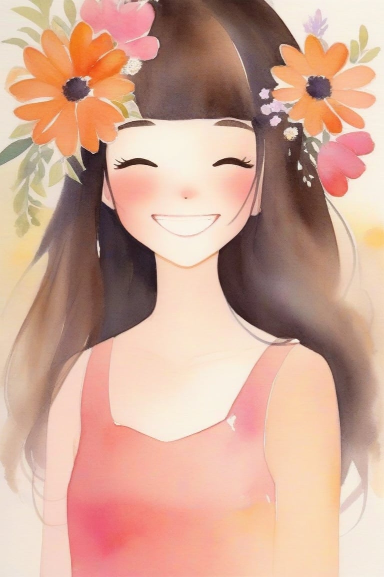 a woman with a flowered head is smiling while holding a bouquet, smile, flower, solo, closed eyes, long hair, blush, upper body, grin, black hair, dress, brown hair, facing viewer, pink flower, bangs, sleeveless, orange flower,watercolor \(medium\),