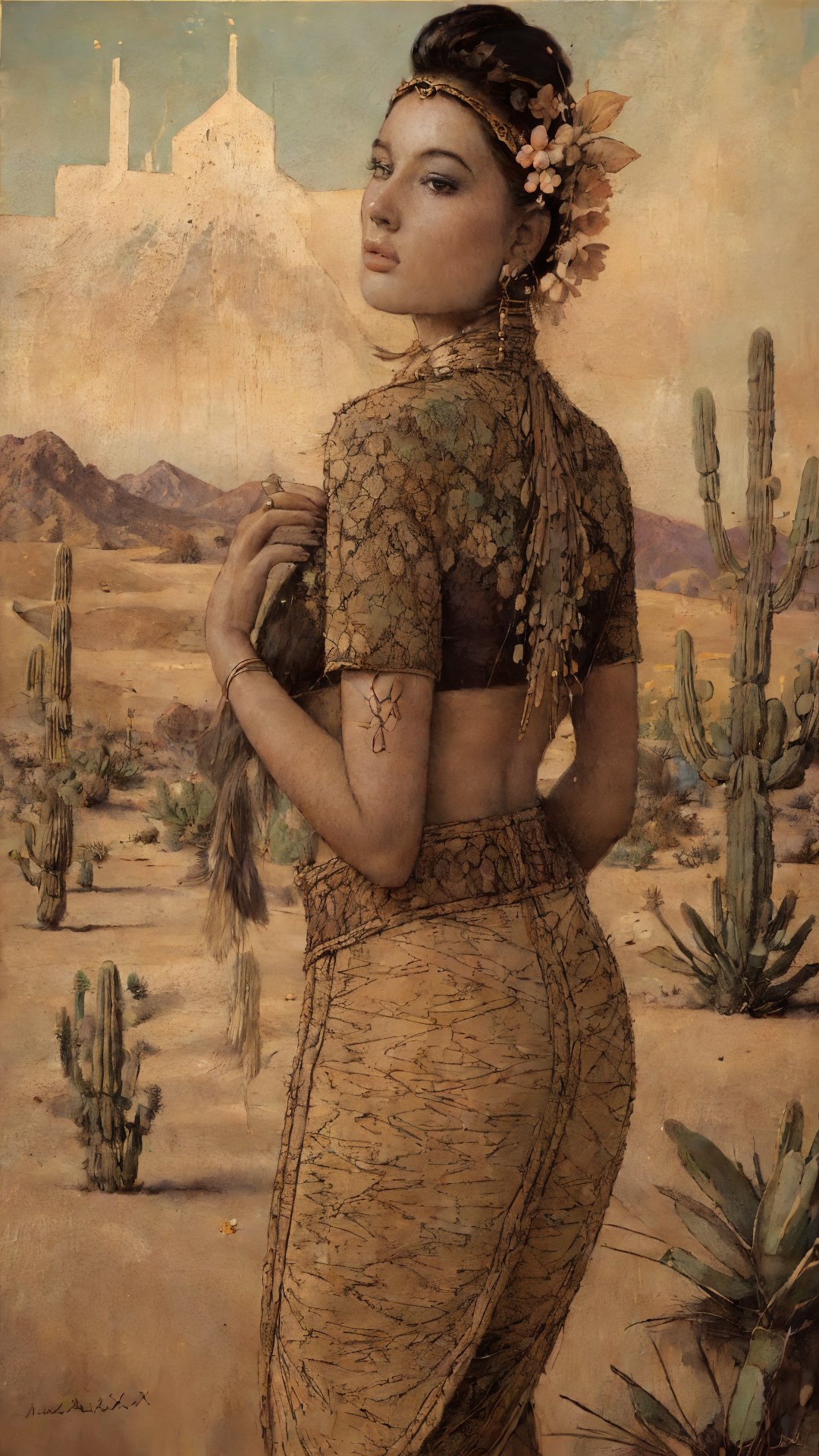 indie illustration art, a gorgeous babe in the middle of a desert by xkbx, back side view, artistic ,fineart , illustration , artisan, skillfully crafted art, cactuses, flowers, ultra detailed lines and textures ,
