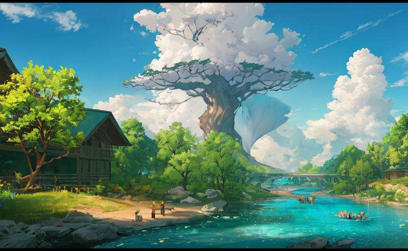 ConceptArt, no humans, scenery, water, sky, day, tree, cloud, waterfall, outdoors, building, nature, river, blue sky