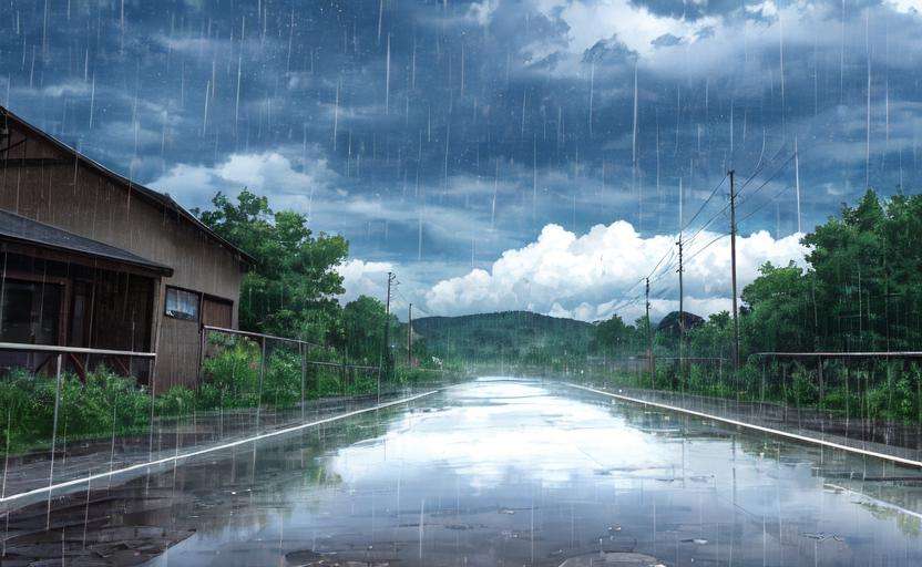 Concept art, no humans, water puddles, country side, road, rain, cloudy, 