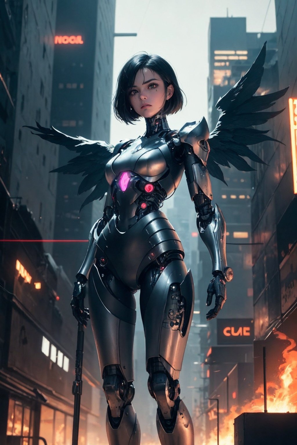 (8k), highly detailed face,masterpiece, pretty girl, gigantic black cyborg wings, wings have neon lights, wings spread,, in tight metal armor, metal belt, electronic armor elements, 20yo, skin below suit has glowing lines, shoulder length black hair, one cyborg eye, standing upright, serious expression, cinematic lighting, burning cyberpunk city in the distance, flat chest