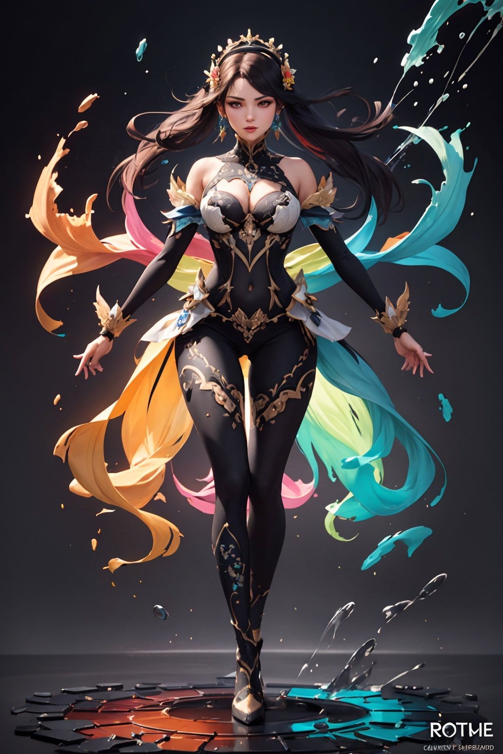 masterpiece, best quality, [(black background:1.5),::5] (circle:0.9), 1girl in dynamic pose, (beautiful detailed colorful splash art:1.4), rotational symmetry
