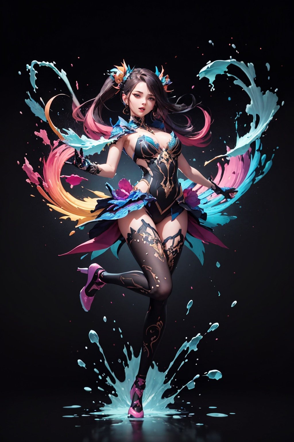 masterpiece, best quality, [(black background:1.5),::5] (circle:0.9), 1girl in dynamic pose, (beautiful detailed colorful splash art:1.4), rotational symmetry