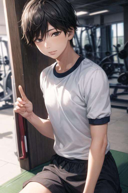 masterpiece, best quality, ultra-detailed, illustration, 1boy, solo, male focus, looking at viewer, , depth of field, <lora:kakeru_naruse:0.78>, kakeru_naruse, black hair, black eyes, gym uniform